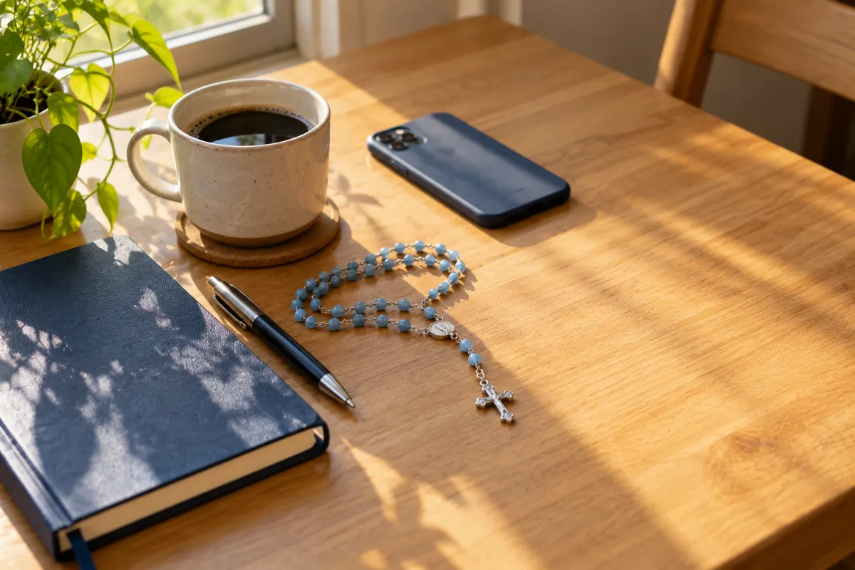 Mesa junto a una ventana con una taza de café, un cuaderno y un rosario azul