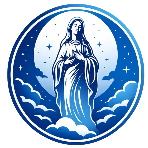 Emblema de Stella Matutina Familia: la Virgen María de pie sobre las nubes, rodeada de estrellas