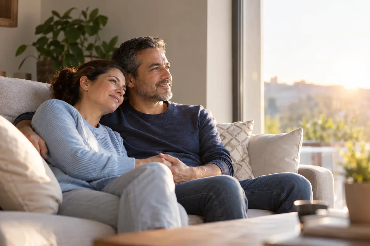 Matrimonio abrazado en el sillón de su sala, mirando la luz del amanecer por la ventana