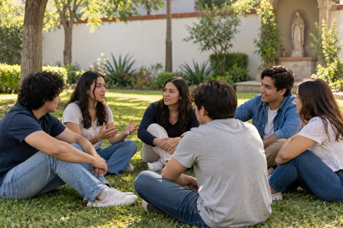 Grupo de jóvenes dialogando sentados en círculo en un jardín