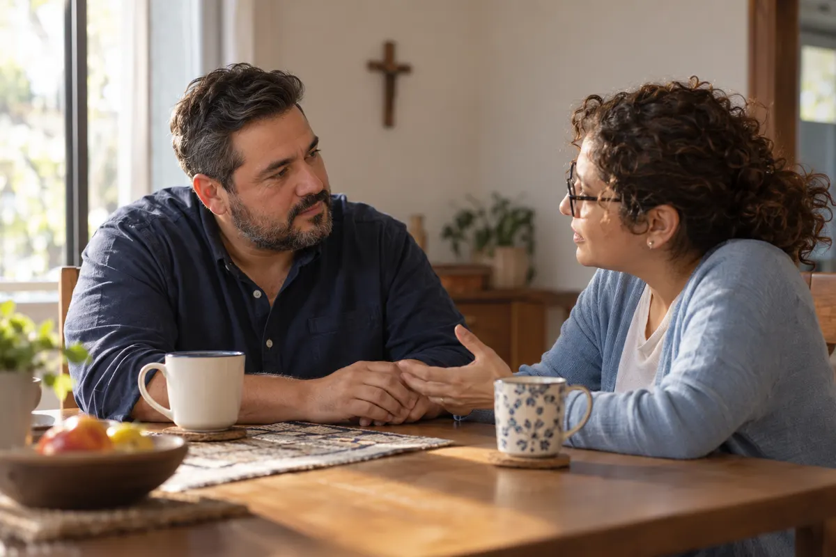 Matrimonio conversando en la mesa del comedor, tomados de la mano