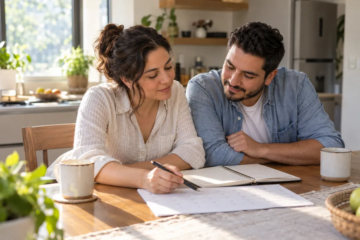 Matrimonio joven revisando juntos un cuaderno y un calendario en la cocina