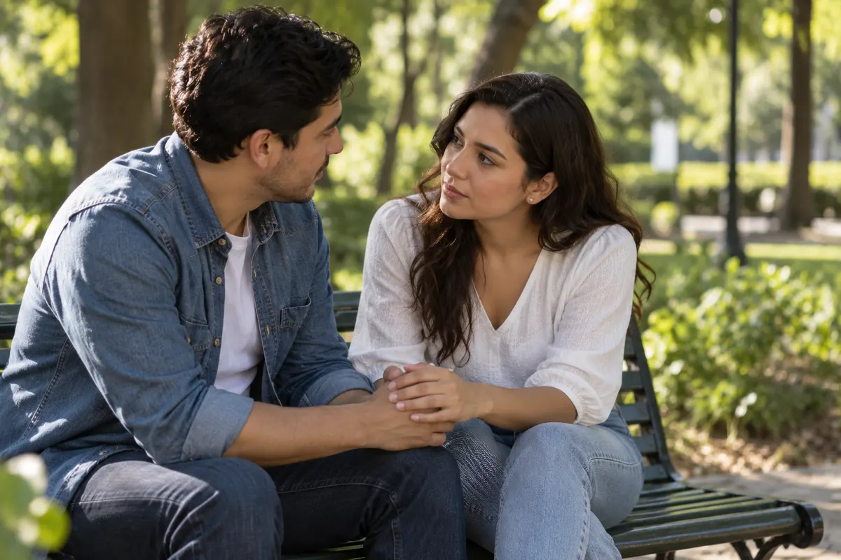 Pareja de novios platicando en una banca de un parque